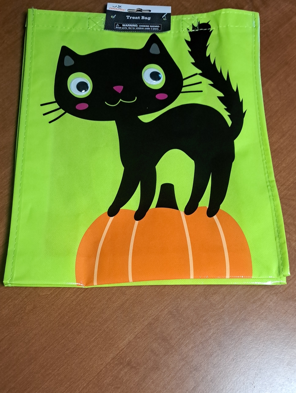Celebrate It Lime Green Trick-or-Treat Bag with Black Cat and Orange Pumpkin